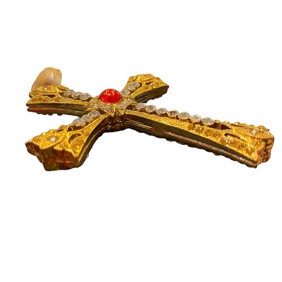 Christmas Rhinestone Ornament, Ornate Gold Metal Jeweled Religious Cross - Picture 3 of 4